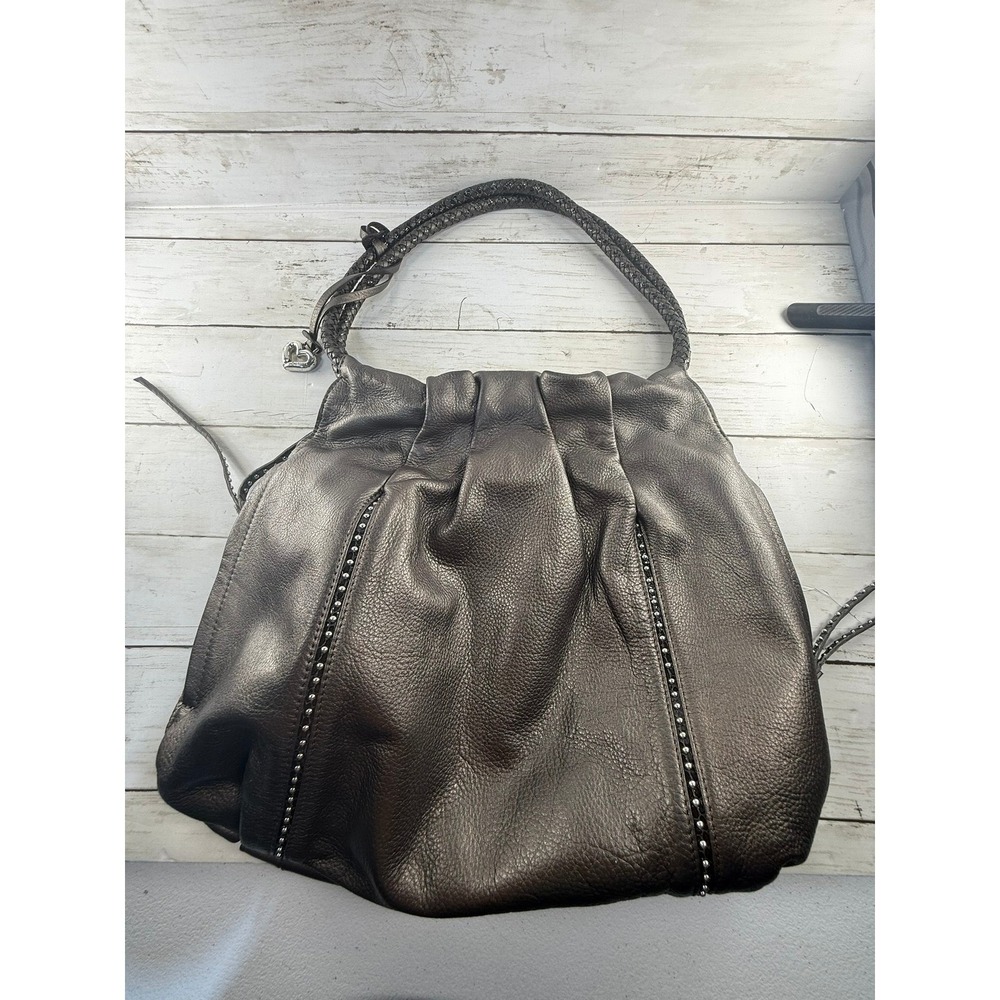 Brighton Metallic Pewter Leather Pleated Hobo Bag Studded Braided Strap F009183